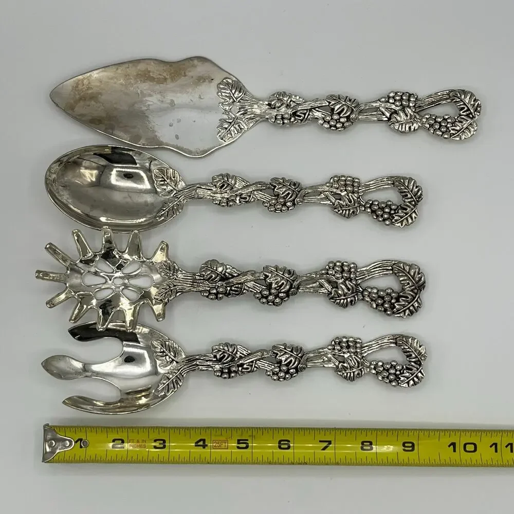 Vtg Godinger Silver Plated Footed Bowl & Set of 4 Serving Utensils Grape Pattern